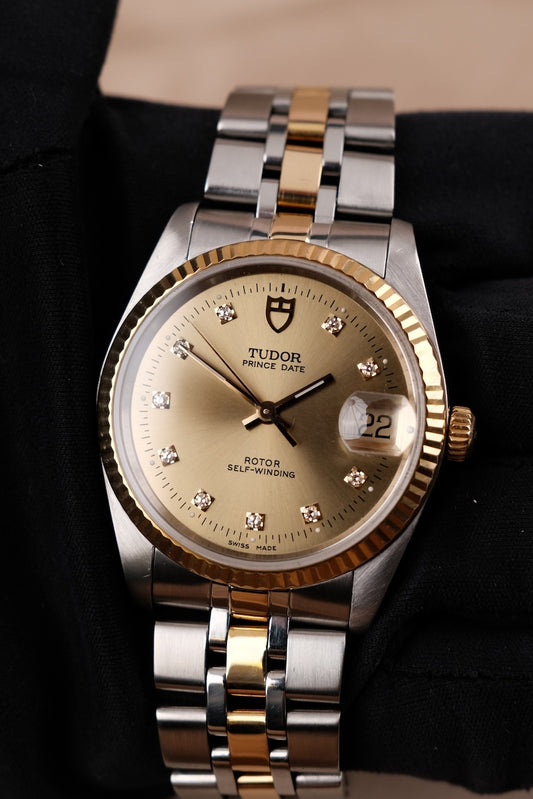 Tudor Prince Date, S/G, Champagne Diamond Dial, Fluted Bezel 74033 Original Papiere 34mm, SERVICED