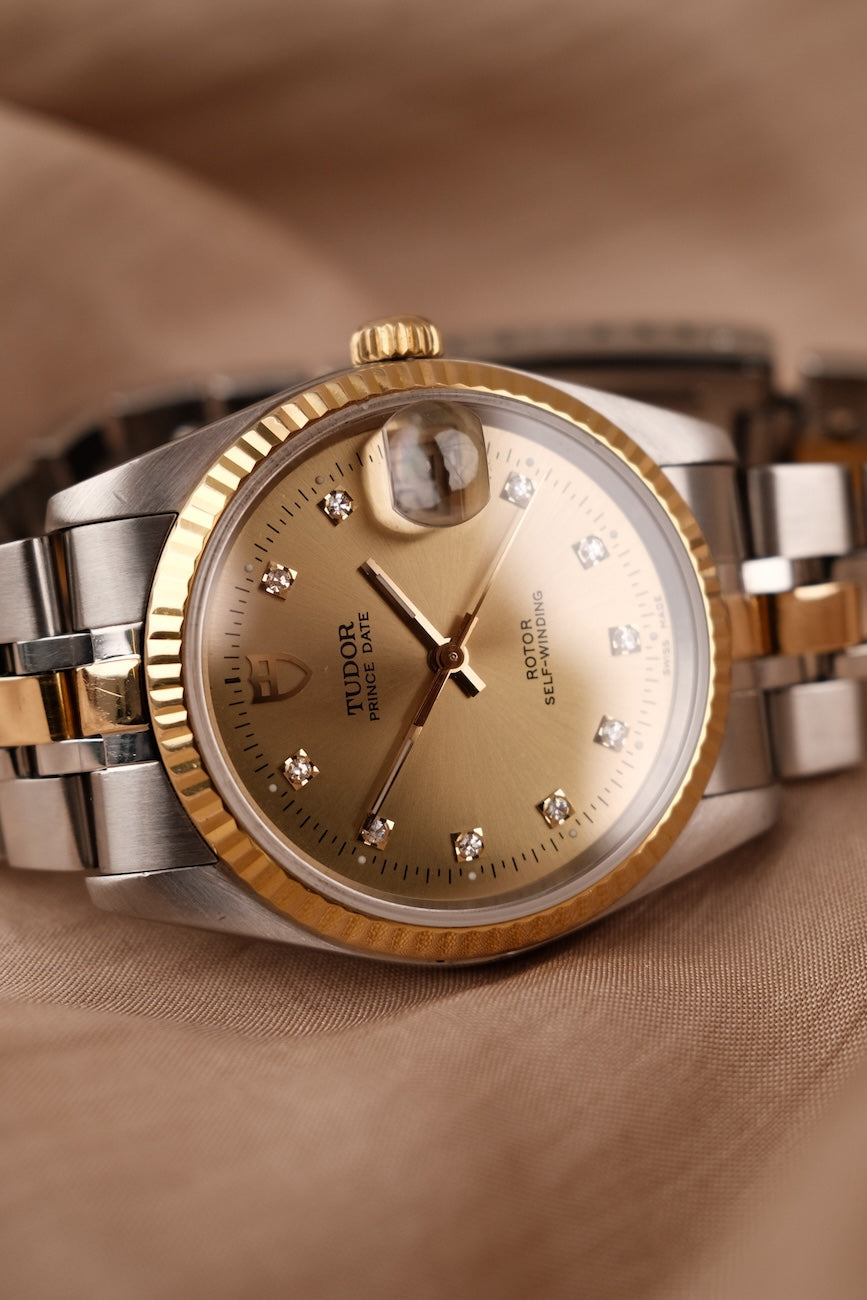 Tudor Prince Date, S/G, Champagne Diamond Dial, Fluted Bezel 74033 Original Papiere 34mm, SERVICED