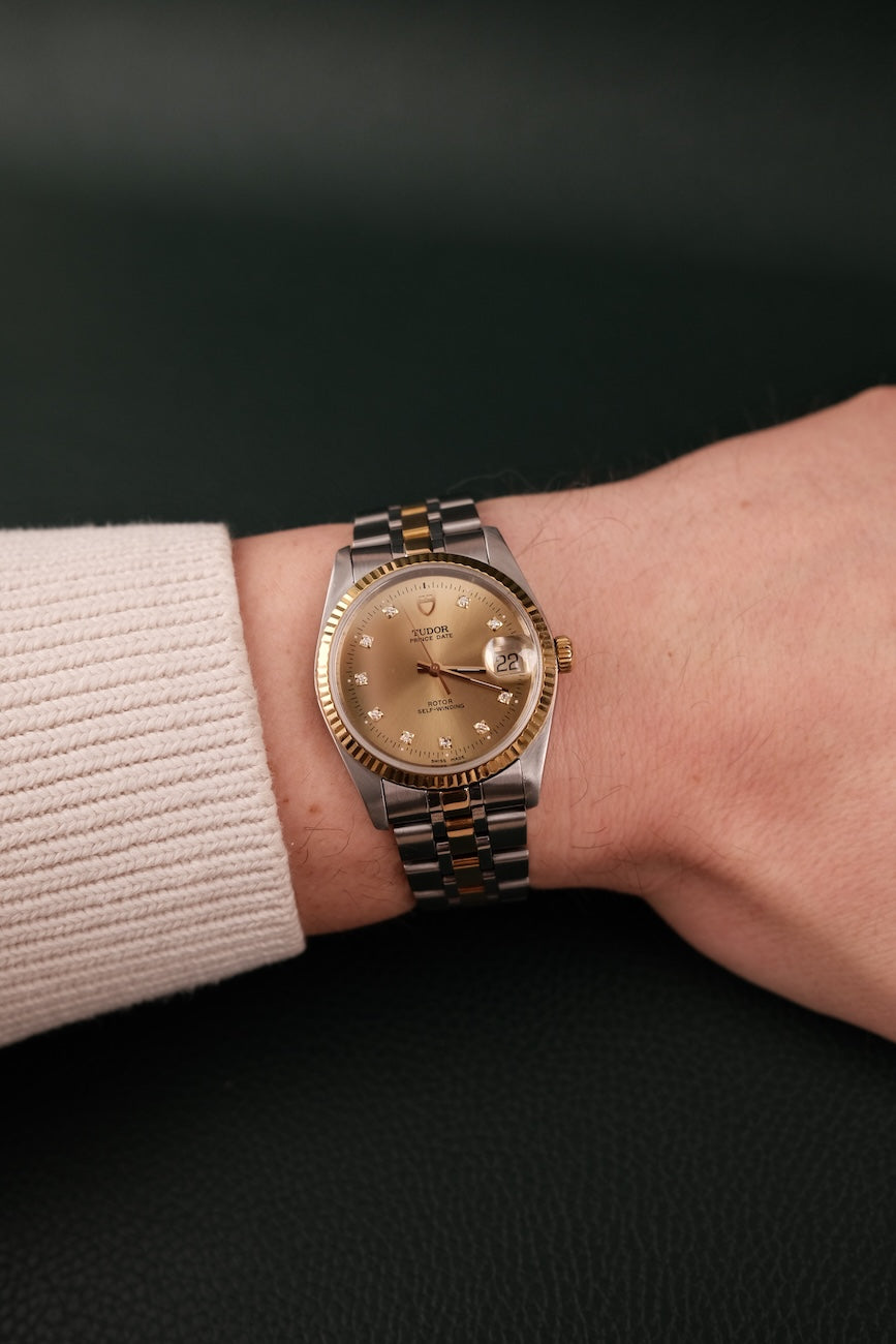Tudor Prince Date, S/G, Champagne Diamond Dial, Fluted Bezel 74033 Original Papiere 34mm, SERVICED