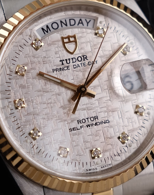 Tudor Prince Date Day 76213 Original Papiere Silver Linen Diamond Dial, SERVICED, First Buyer's Invoice