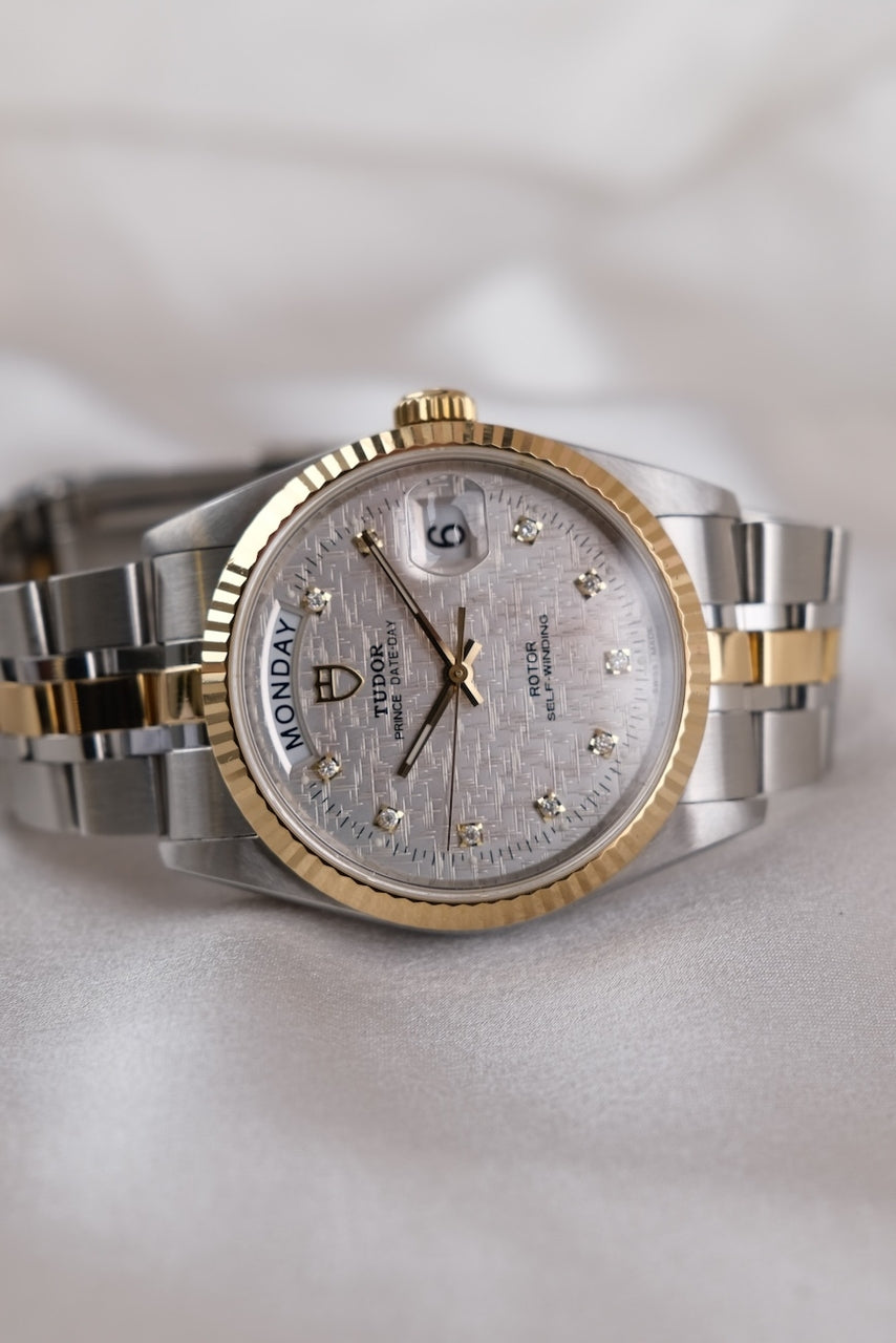 Tudor Prince Date Day 76213 Original Papiere Silver Linen Diamond Dial, SERVICED, First Buyer's Invoice