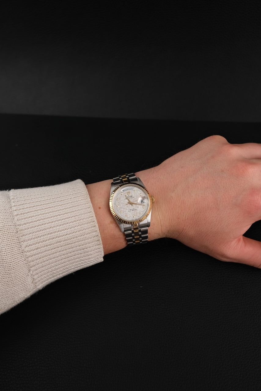 Tudor Prince Date Day 76213 Original Papiere Silver Linen Diamond Dial, SERVICED, First Buyer's Invoice