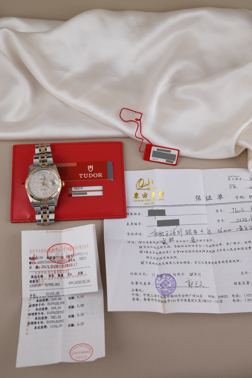 Tudor Prince Date Day 76213 Original Papiere Silver Linen Diamond Dial, SERVICED, First Buyer's Invoice