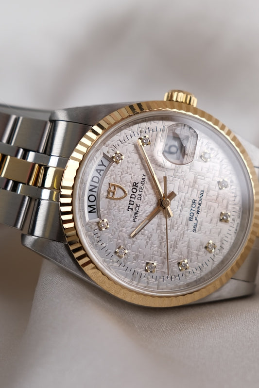Tudor Prince Date Day 76213 Original Papiere Silver Linen Diamond Dial, SERVICED, First Buyer's Invoice