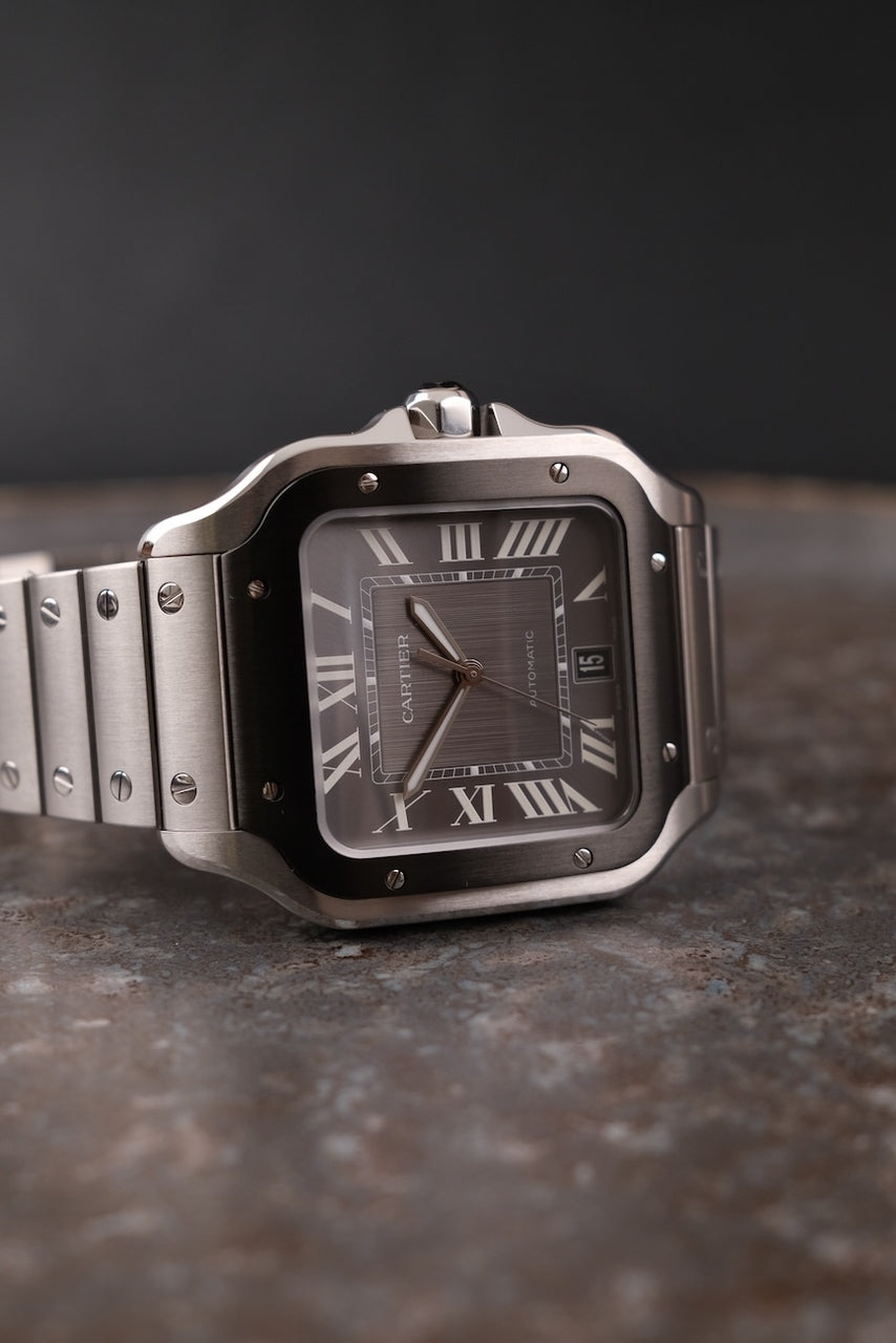 Cartier Santos WSSA0037 Box + og. Papiere 99% New, Grey Dial, Warranty 2029