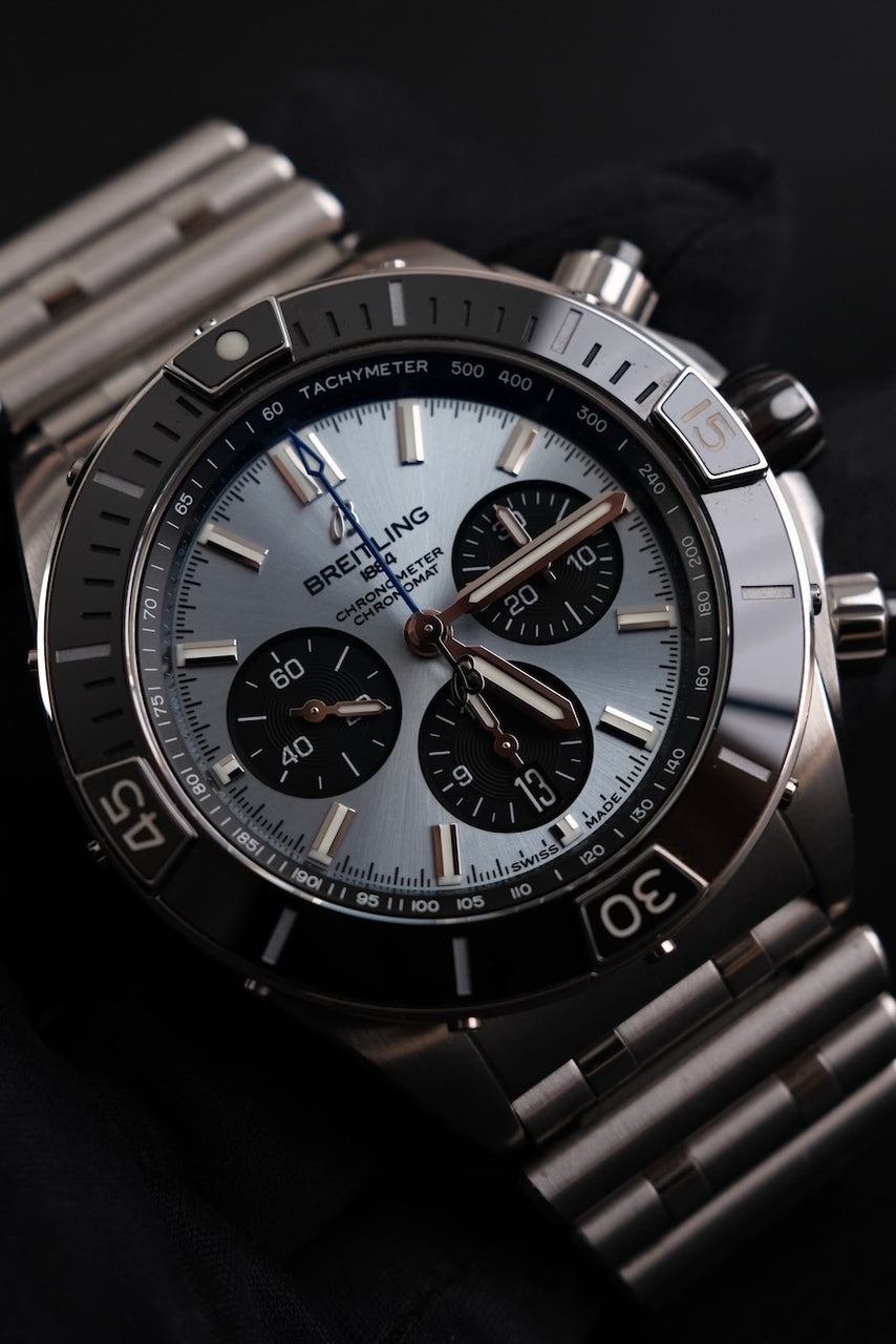 Breitling Super Chronomat B01 44 PB0136 Box + og. Papiere Ice Blue, Steel Bracelet, Rubber Strap, Breitling Warranty 06/27