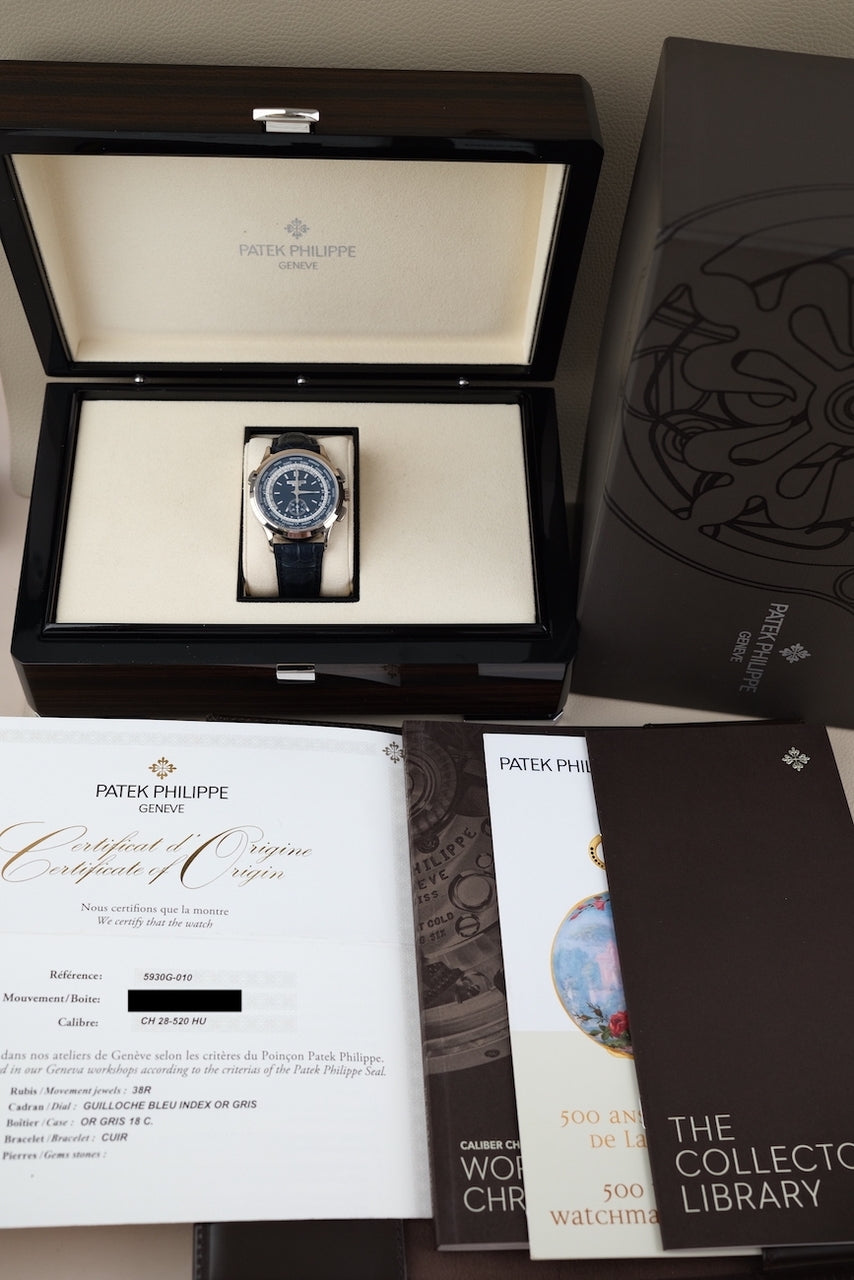 Patek Philippe World Time Chronograph 5930G-010 Box + og. Papiere Blue Dial, 2022, White Gold, EU Delivered, Flyback