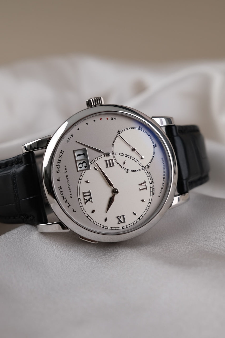 A. Lange und Söhne Große Lange 1  115025F Box + og. Papiere Platin, Serviced 2023, German Delivered