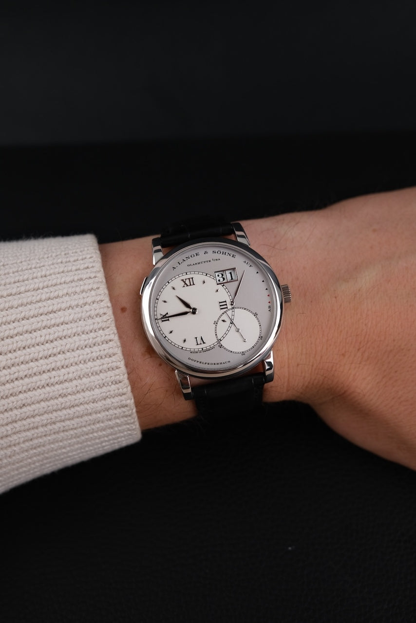 A. Lange und Söhne Große Lange 1  115025F Box + og. Papiere Platin, Serviced 2023, German Delivered