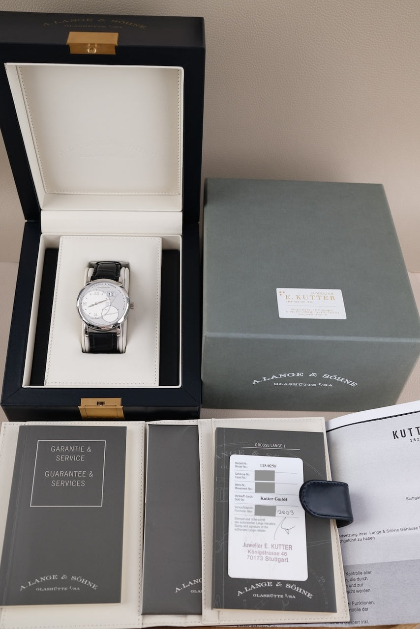 A. Lange und Söhne Große Lange 1  115025F Box + og. Papiere Platin, Serviced 2023, German Delivered