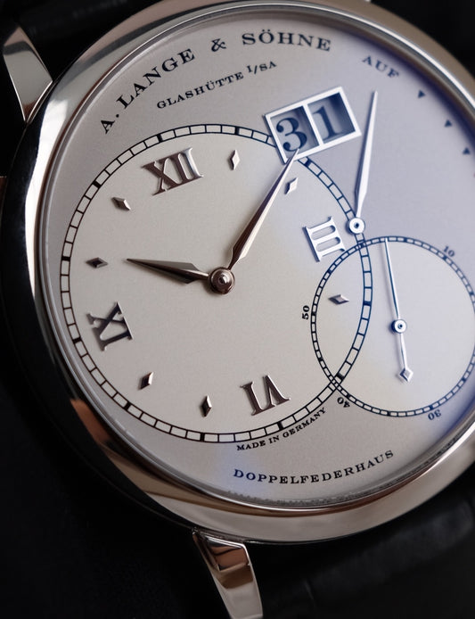 A. Lange und Söhne Große Lange 1  115025F Box + og. Papiere Platin, Serviced 2023, German Delivered