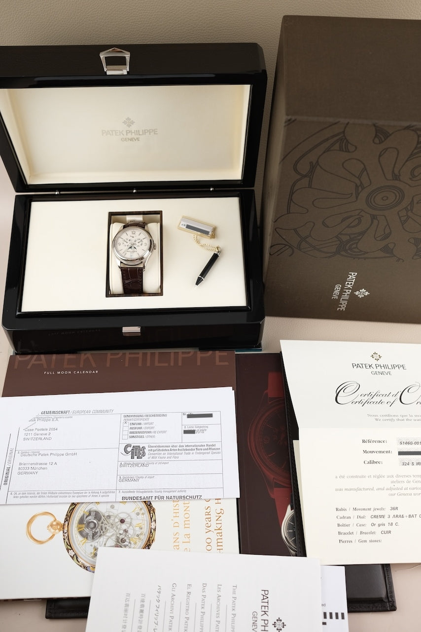 Patek Philippe Annual Calendar 5146G-001 Box + og. Papiere 18k White Gold, Moonphase, German Delivered, Cream Dial