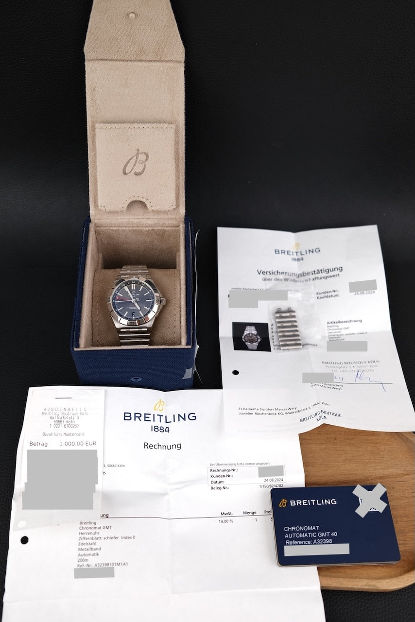 Breitling Chronomat GMT 40 A32398101M1A1 Box + og. Papiere German First Buyer's Invoice, Grey Dial, Breitling Warranty 08/2028