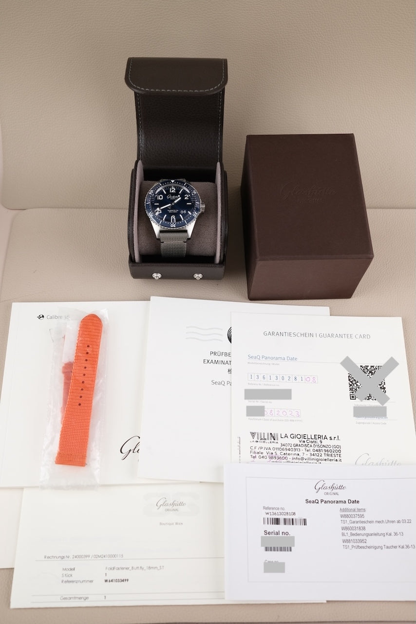 Glashütte SeaQ Panoramadatum 1-36-13-02-81-34 Box + og. Papiere Blue Dial, incl. Orange Nato Glashütte Original Strap