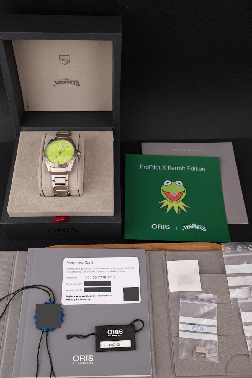 Oris Pro Pilot x Kermit 0140077787157-Set Box + og. Papiere German Delivered