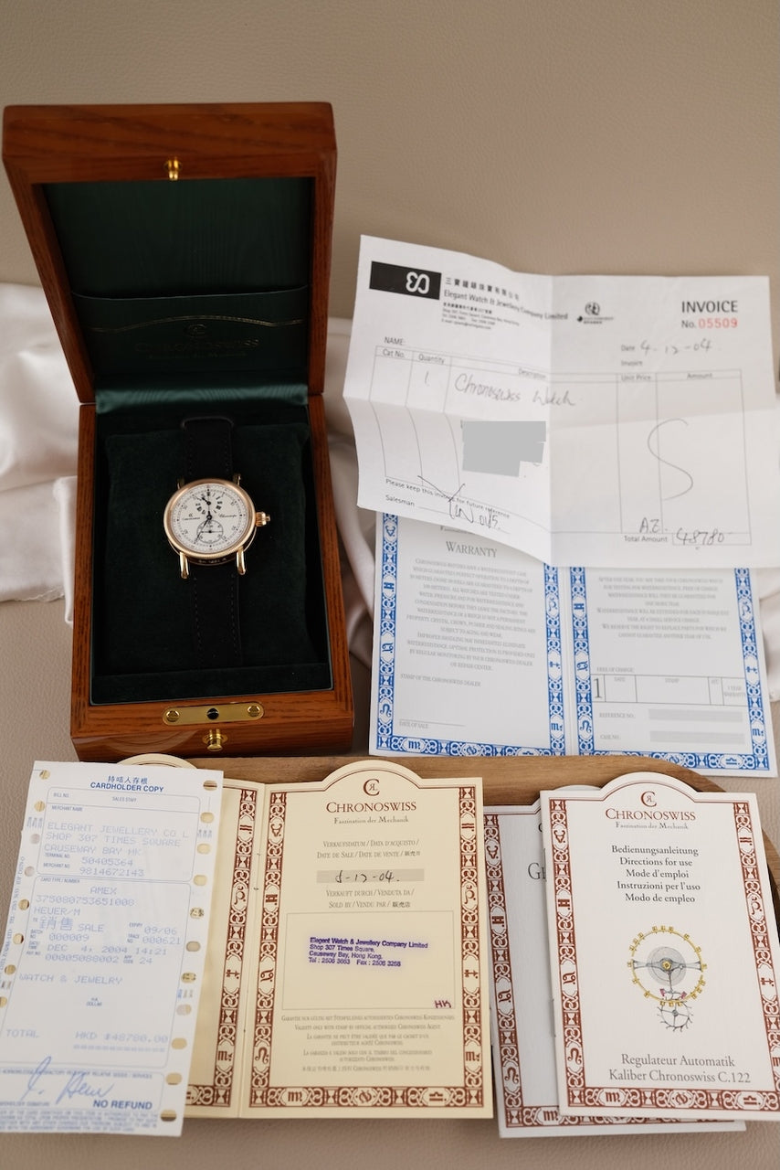 Chronoswiss Chronoscope CH 1521 R Box + og. Papiere 18k Pink Gold, Monopusher, First Buyer's Invoice