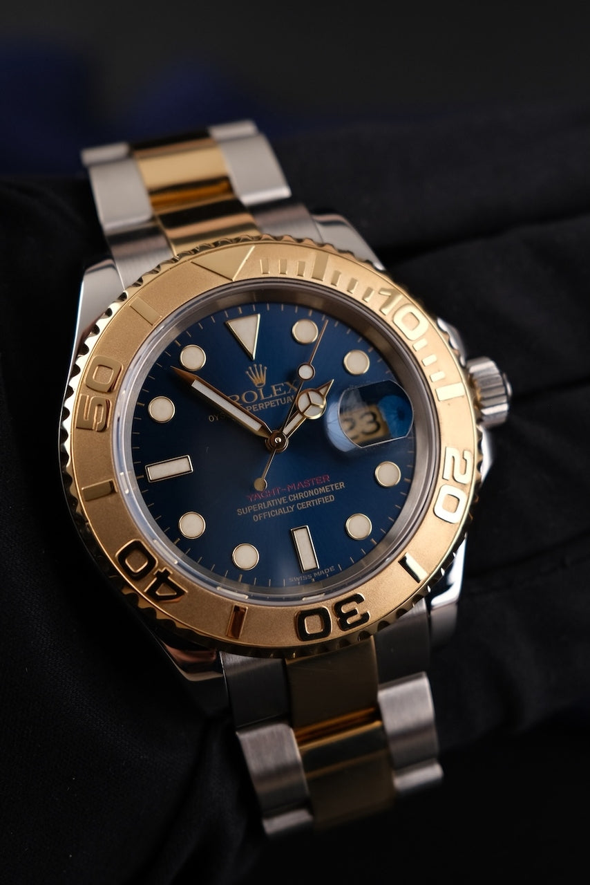 Rolex Yachtmaster 16623 Box + og. Papiere Rolex Service, LC 100 German Delivered, S/G, Blue Dial,