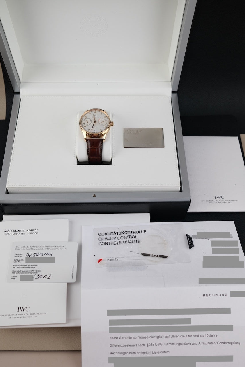IWC Portugieser 7-Days IW500101 Box + og. Papiere 18k Rosegold, Power Reserve