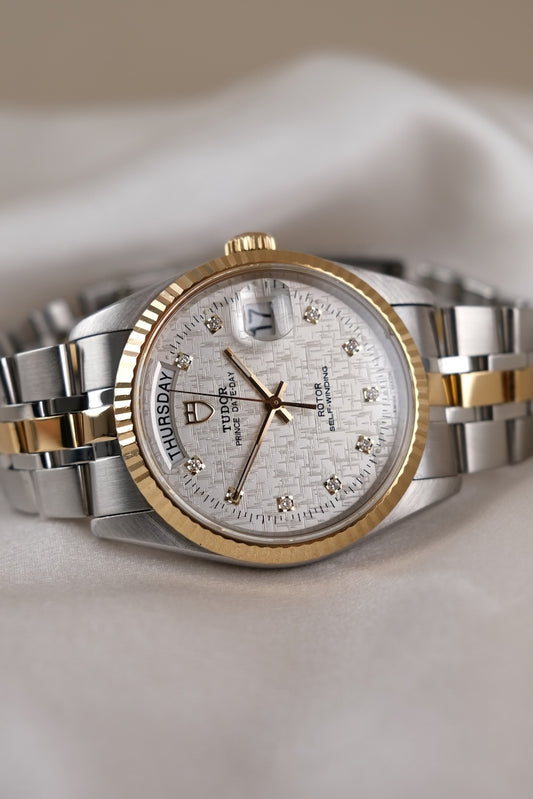 Tudor Prince Date Day 76213 Original Papiere Linen Diamond Dial