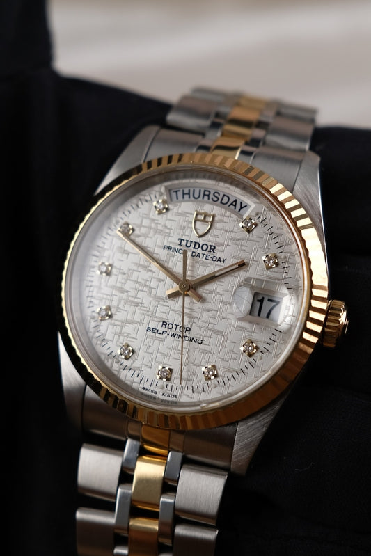 Tudor Prince Date Day 76213 Original Papiere Linen Diamond Dial