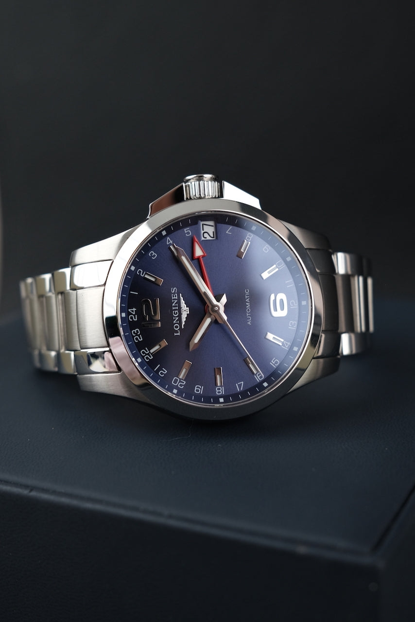 Longines Conquest GMT L3.687.4.99.6 Box + og. Papiere 2024 Longines Service, German Delivered