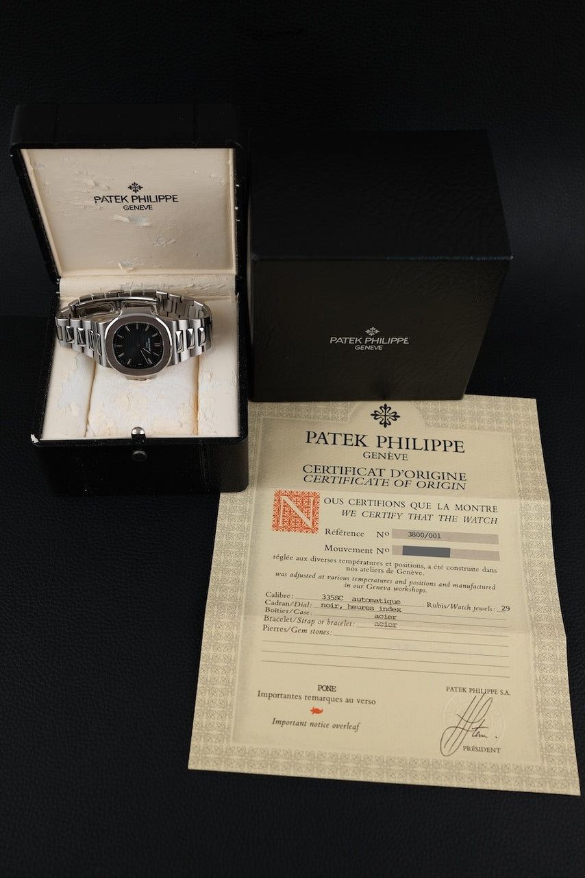 Patek Philippe Nautilus Blue Dial 3800 Box + og. Papiere Rare Black Date, SERVICED German Delivered