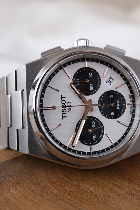 Tissot PRX Chronograph T137.427.11.011.00 Box + og. Papiere White Dial, incl. Delugs Rubber Strap with Butterfly Clasp