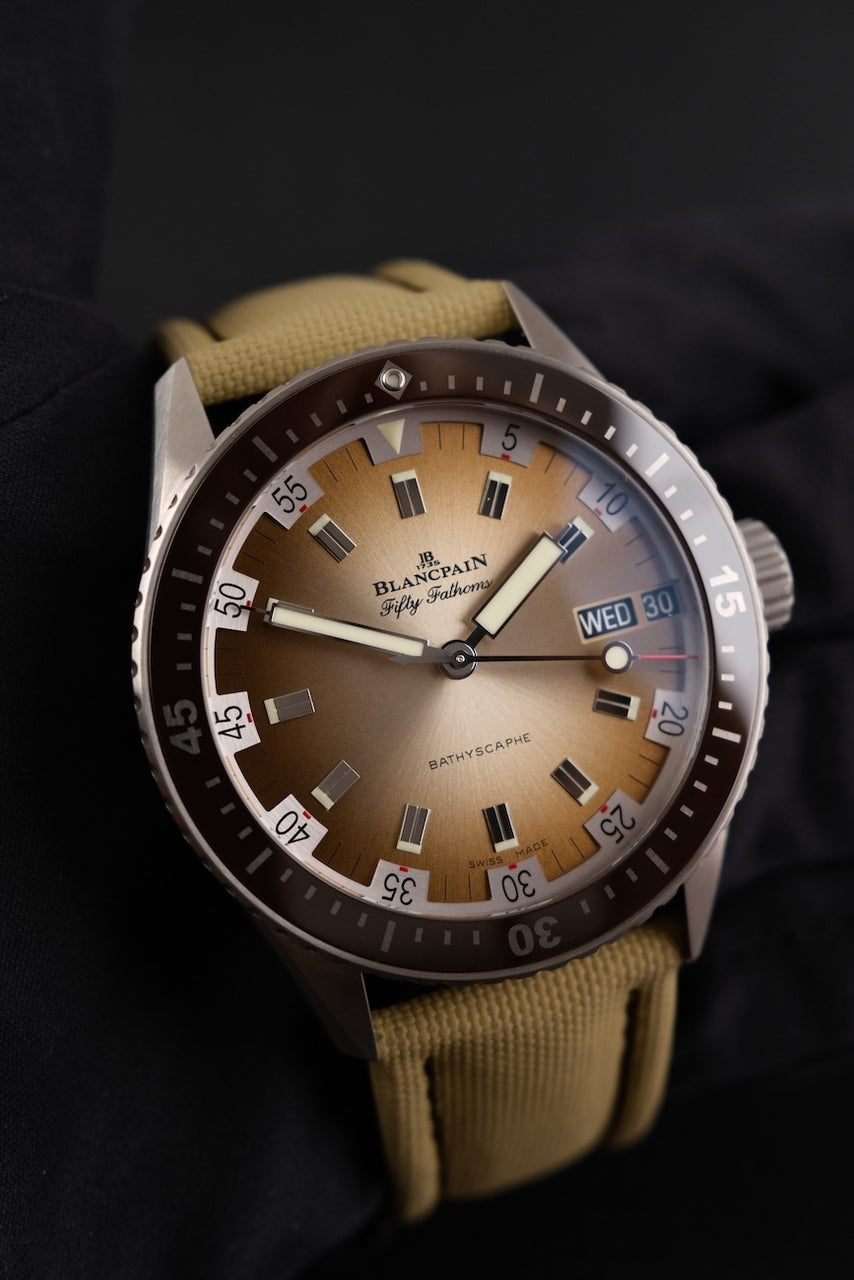 Blancpain Fifty Fathoms Bathyscaphe 5052-1146 Box + og. Papiere Day Date Desert Edition, 99% NEW, German Delivered