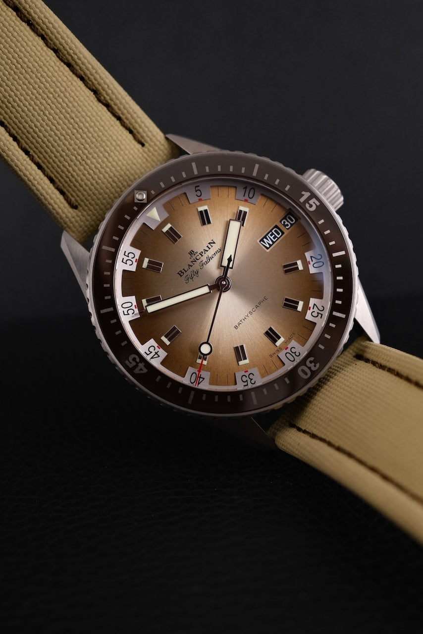 Blancpain Fifty Fathoms Bathyscaphe 5052-1146 Box + og. Papiere Day Date Desert Edition, 99% NEW, German Delivered