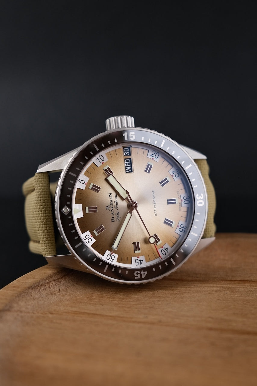 Blancpain Fifty Fathoms Bathyscaphe 5052-1146 Box + og. Papiere Day Date Desert Edition, 99% NEW, German Delivered