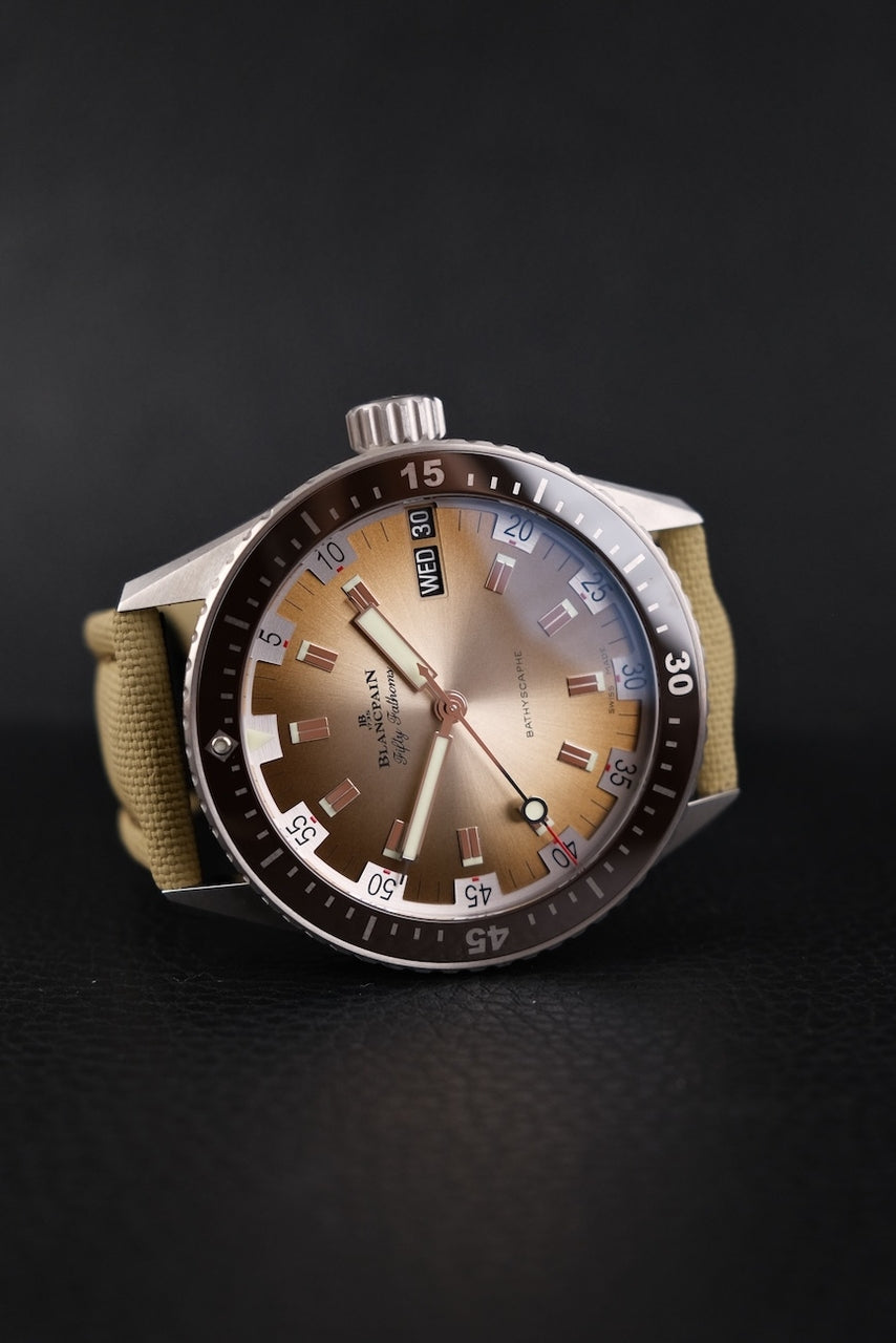 Blancpain Fifty Fathoms Bathyscaphe 5052-1146 Box + og. Papiere Day Date Desert Edition, 99% NEW, German Delivered