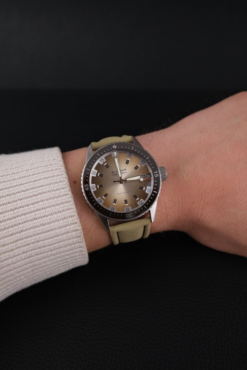 Blancpain Fifty Fathoms Bathyscaphe 5052-1146 Box + og. Papiere Day Date Desert Edition, 99% NEW, German Delivered