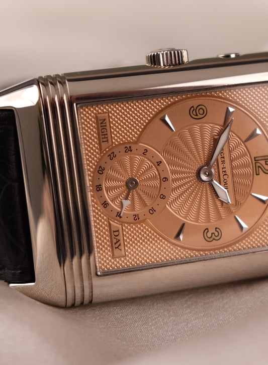 Jaeger-LeCoultre Reverso Duoface Night Day 270.340 Box + og. Papiere Salmon Dial, White Gold, German Delivered, 2021 Service, Great Service History