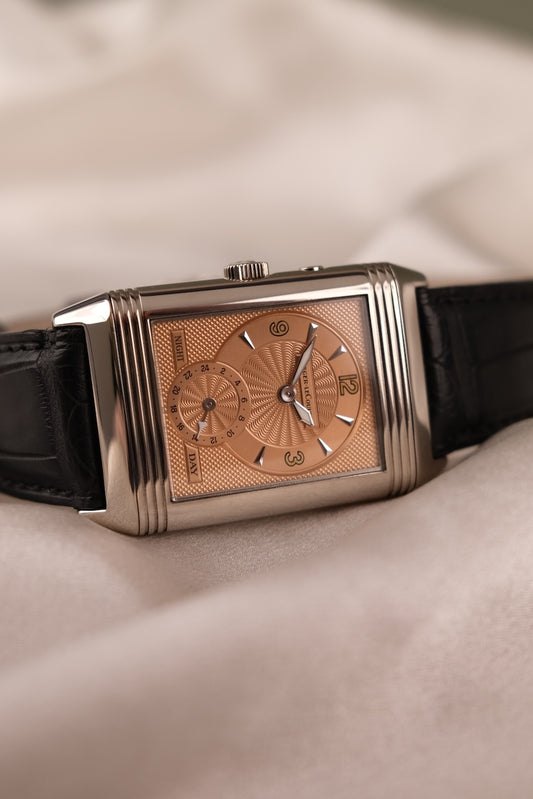 Jaeger-LeCoultre Reverso Duoface Night Day 270.340 Box + og. Papiere Salmon Dial, White Gold, German Delivered, 2021 Service, Great Service History