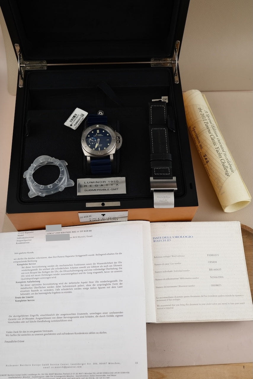Panerai Submersible Regatta GMT PAM00371 Box + og. Papiere Limited Edition x/500, PAM Service 12/2022, Titanium, 3 Days, 47mm