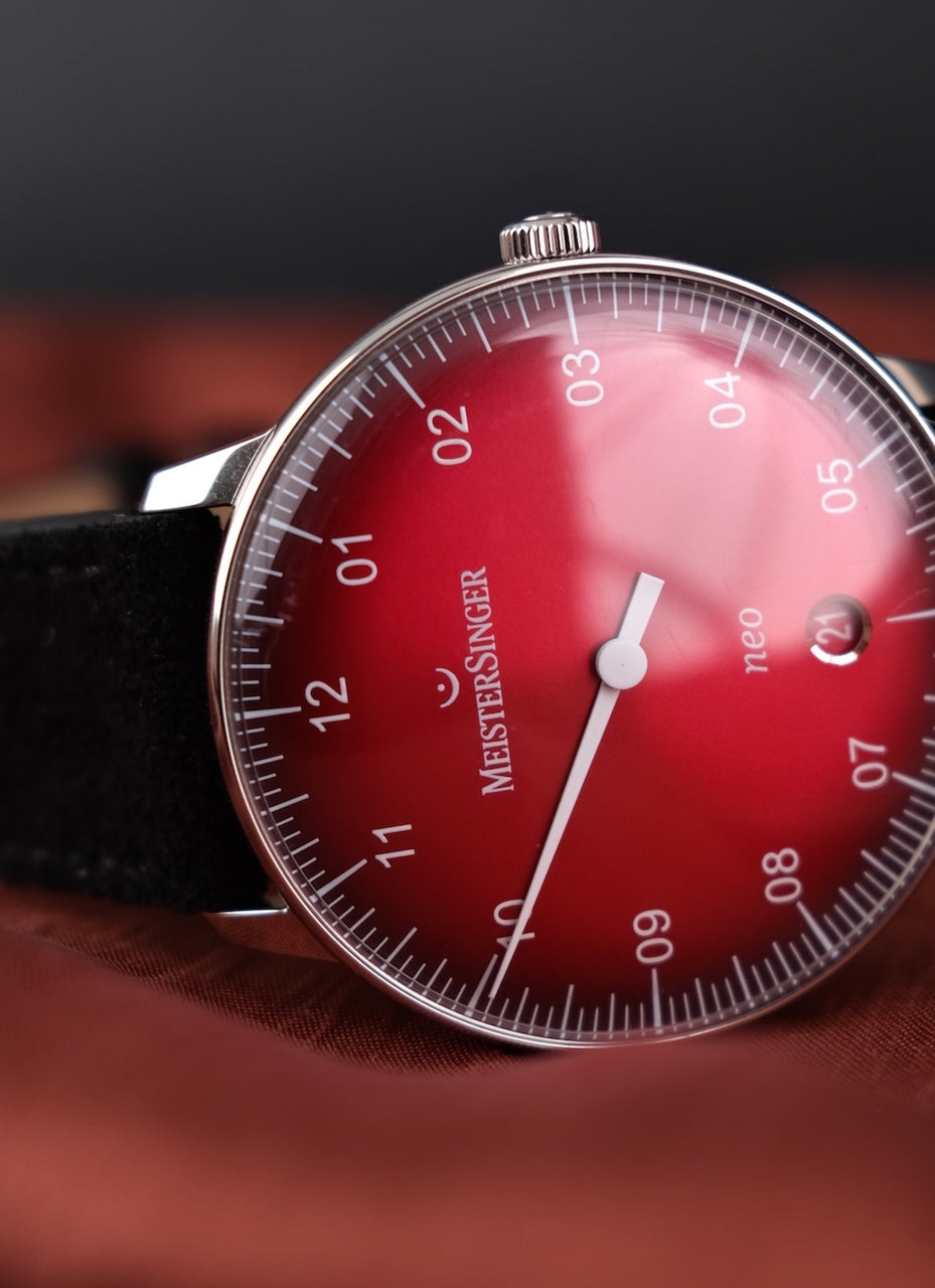 Meistersinger Form Und Stil Neo NE911D Box + og. Papiere Red Dial, German First Buyer's Invoice