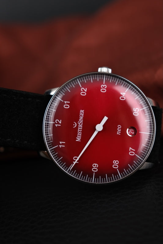 Meistersinger Form Und Stil Neo NE911D Box + og. Papiere Red Dial, German First Buyer's Invoice