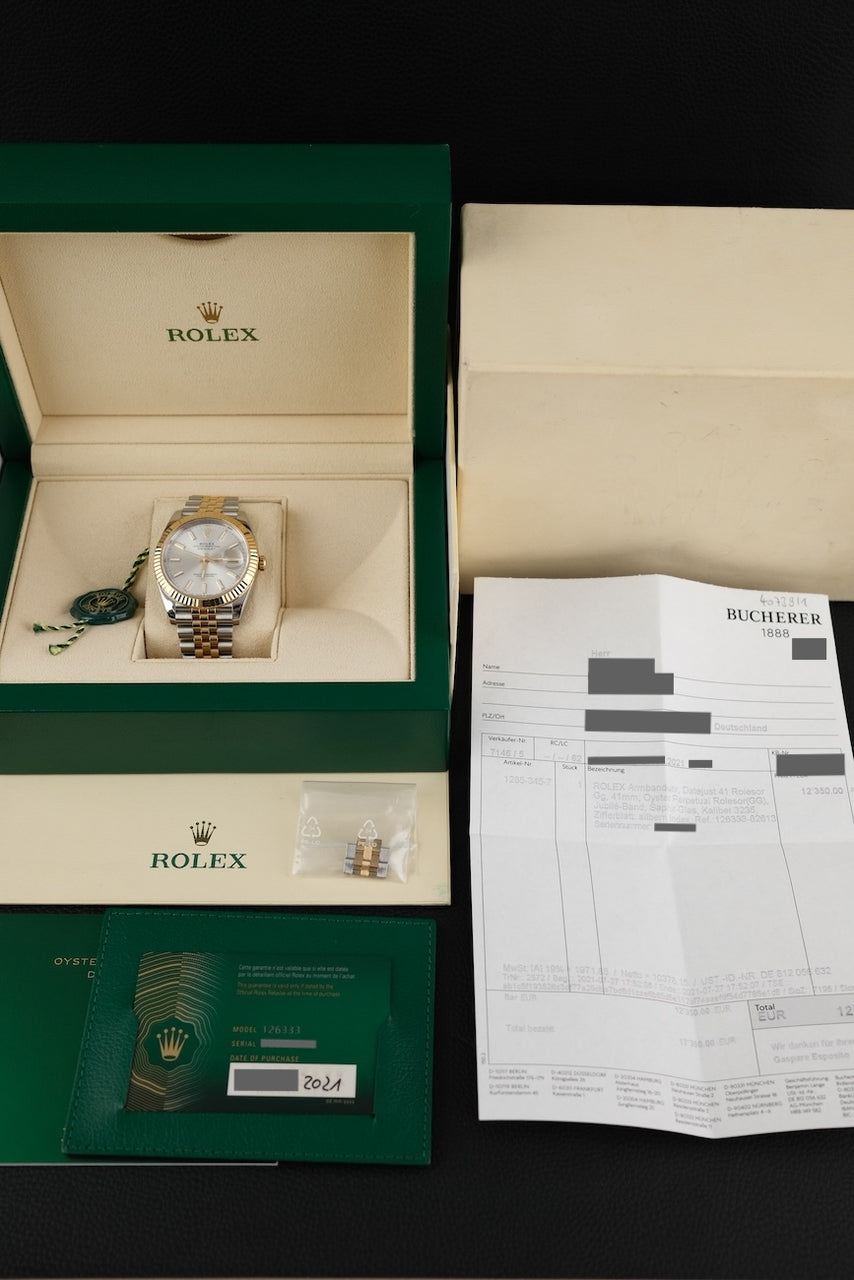 Rolex Datejust 41 126333 Box + og. Papiere S/G, Silver Dial, First Buyer's Invoice, SERVICED