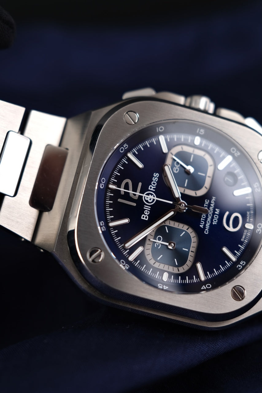 Bell & Ross BR 05 Chrono Blue BR05C-BU-ST/SST Box + og. Papiere German First Buyer's Invoice