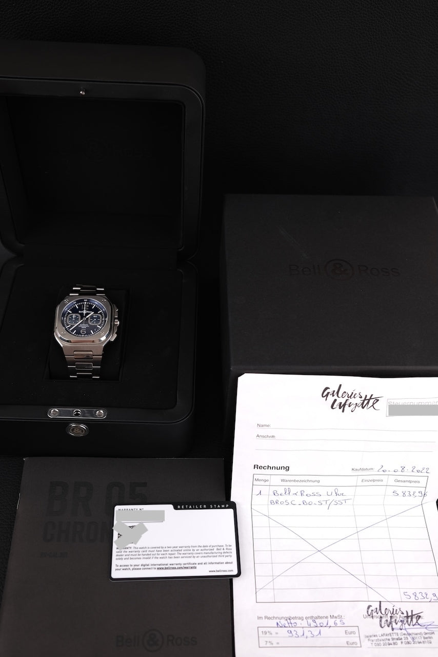 Bell & Ross BR 05 Chrono Blue BR05C-BU-ST/SST Box + og. Papiere German First Buyer's Invoice