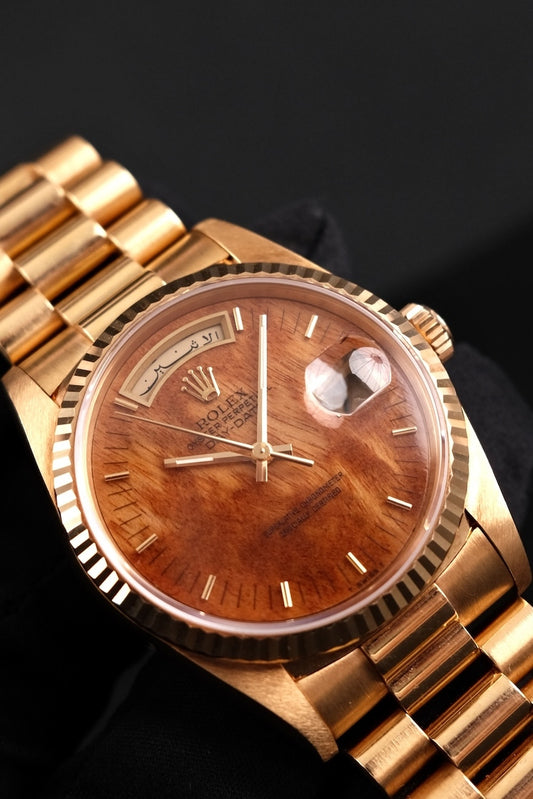 Rolex Day-Date 36 18238 Box + og. Papiere Wood Dial, Arabic Disc, Rolex Service 2022, LC EU, L-Series