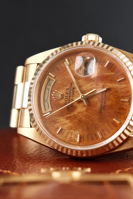 Rolex Day-Date 36 18238 Box + og. Papiere Wood Dial, Arabic Disc, Rolex Service 2022, LC EU, L-Series