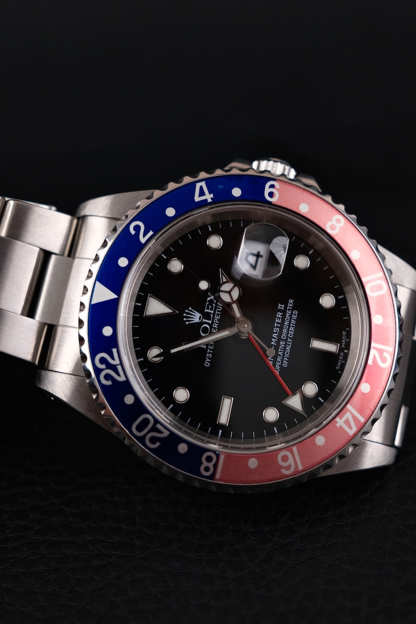 Rolex GMT Master II 16710 Box + og. Papiere Pepsi, A-Series, LC100, Serviced, Faded Bezel