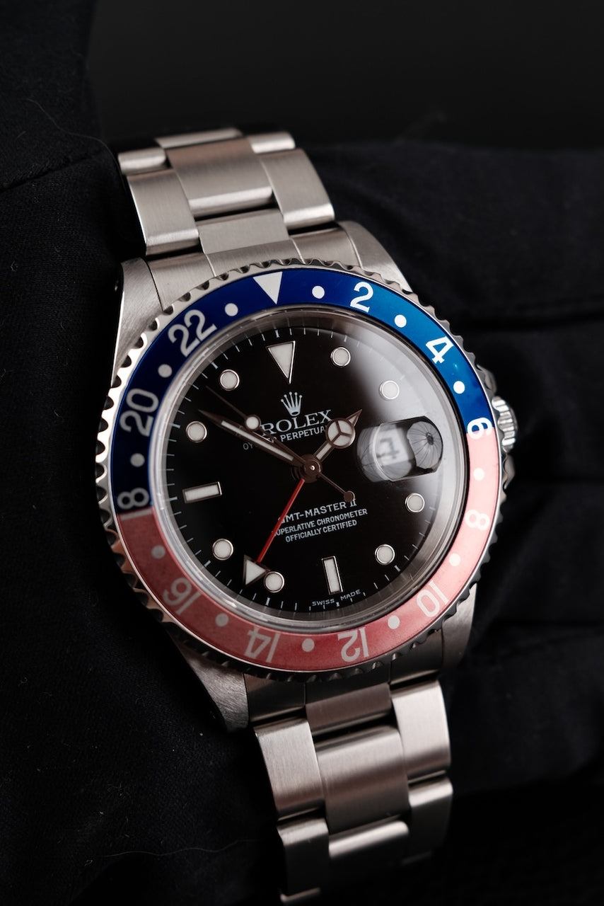 Rolex GMT Master II 16710 Box + og. Papiere Pepsi, A-Series, LC100, Serviced, Faded Bezel