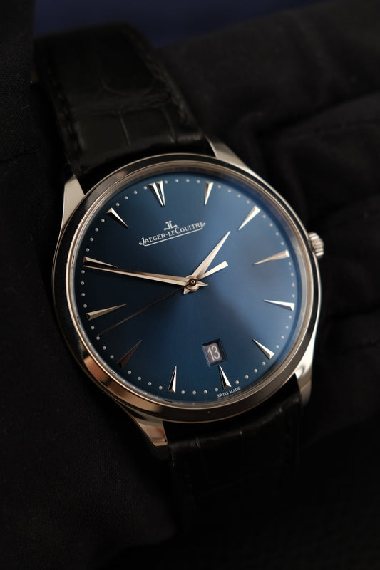 Jaeger-LeCoultre Master Ultra Thin Bucherer Blue Q128848S Box + og. Papiere Limited Edition, 40mm, German First Buyer´s Invoice, Warranty 04/2029