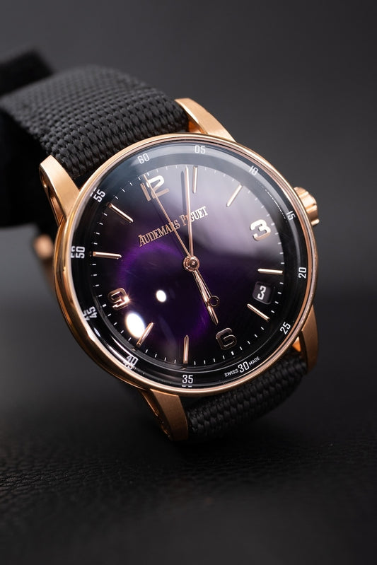 Audemars Piguet Code 11.59 15210OR Box + og. Papiere 18k Rose Gold, Purple Dial