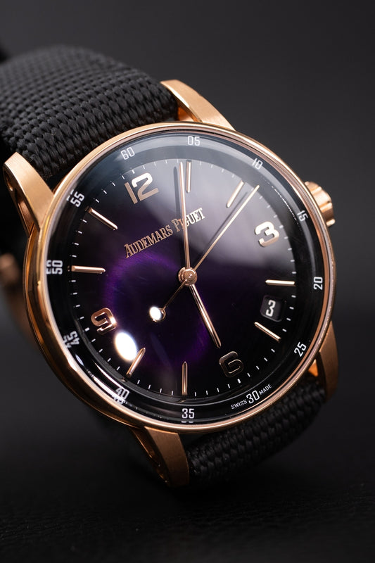 Audemars Piguet Code 11.59 15210OR Box + og. Papiere 18k Rose Gold, Purple Dial