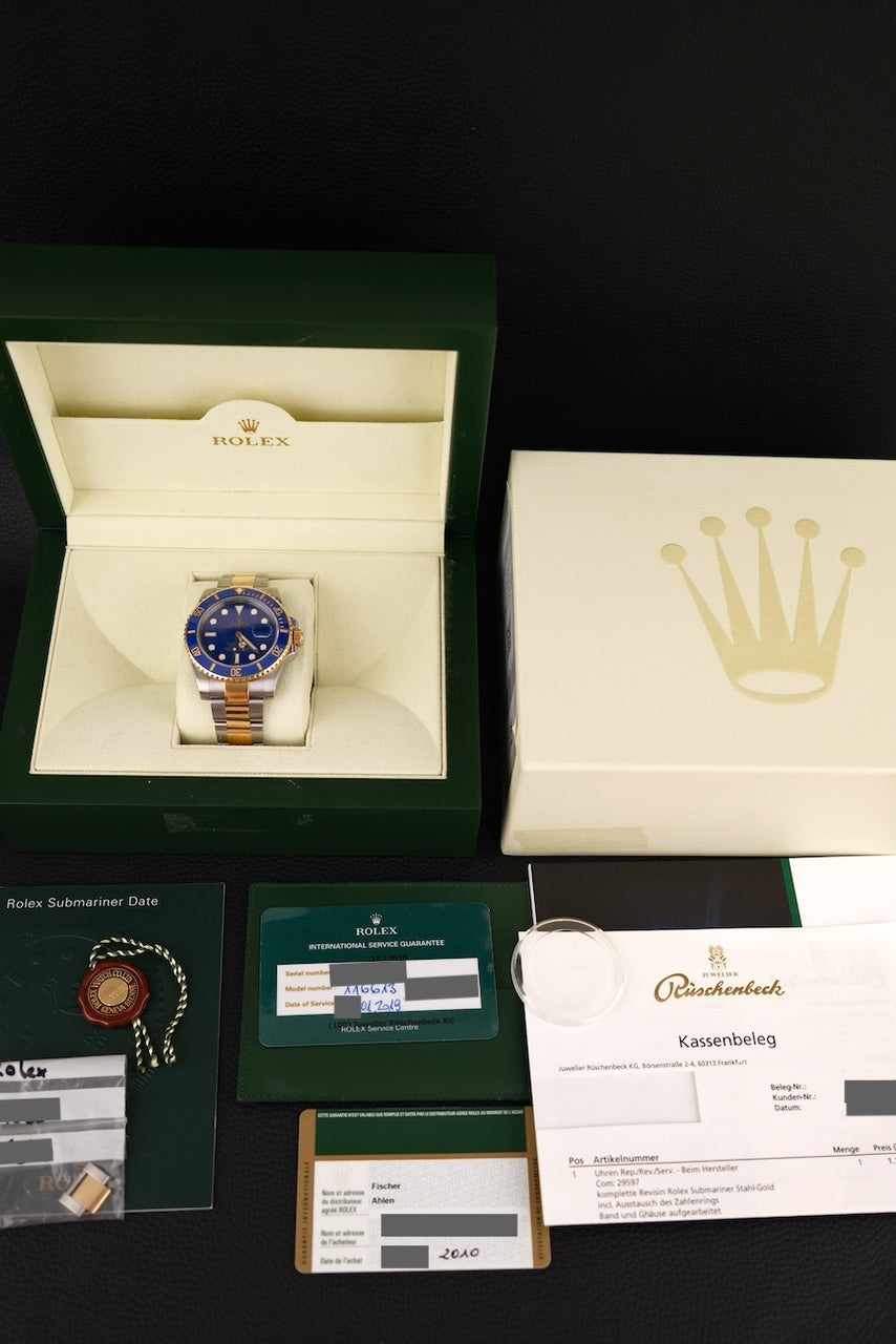Rolex Submariner Date S/G  116613LB Box + og. Papiere "Bluesy", LC100, Rolex Service 2019