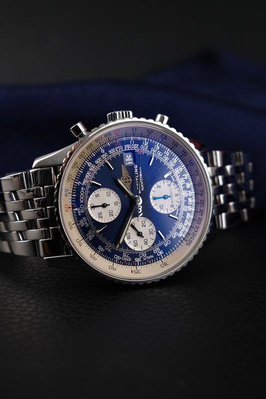Breitling Old Navitimer A13022.1 Box + og. Papiere Blue Dial, Steel Bracelet, German Delivered