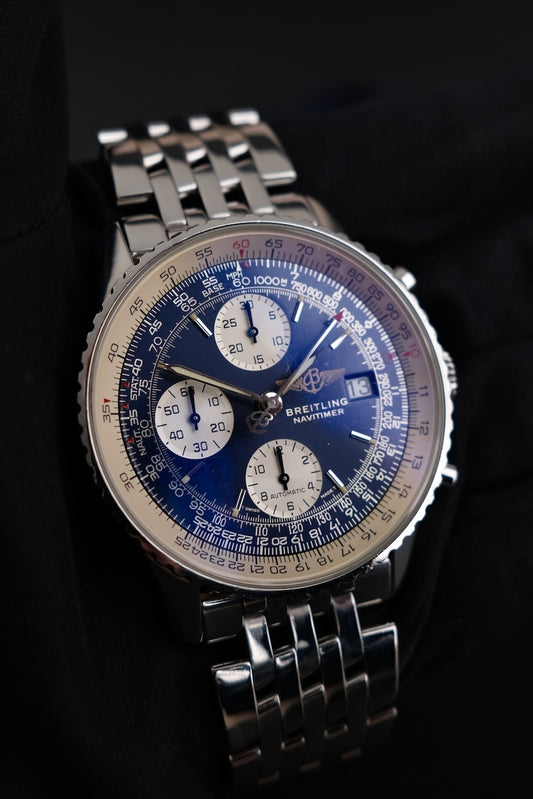 Breitling Old Navitimer A13022.1 Box + og. Papiere Blue Dial, Steel Bracelet, German Delivered